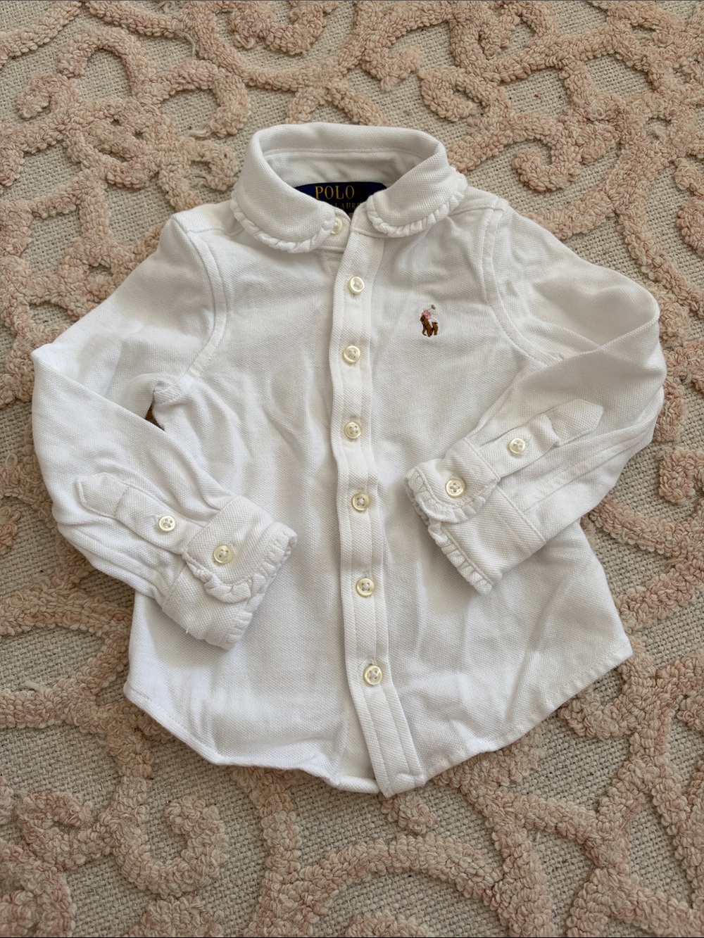 Ralph Lauren White Girls' Ruffle Collar Button-Down Shirt